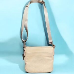 LAUREN RALPH LAUREN Genuine Leather Crossbody Bag Embossed Ivory Cream Square